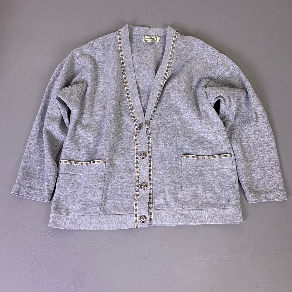 Vintage LL Bean Cardigan Sweater Women's Medium Gray Button Up Ribbon Trim‎ USA*